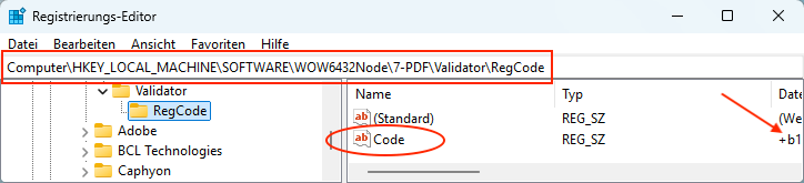 The following screenshot shows the path for entering the license key within the registry.